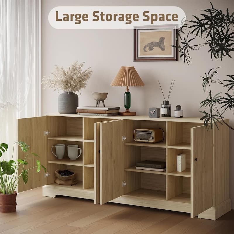 Mid-Century TV Stand Sideboard Cabinet with 4 Fluted Doors Storage & LED Light