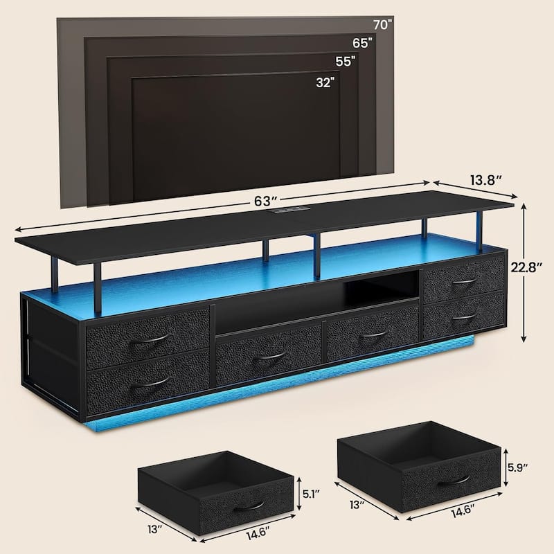 TV Stand 65 70 Inches TV LED Lights Power Outlets Storage Drawers