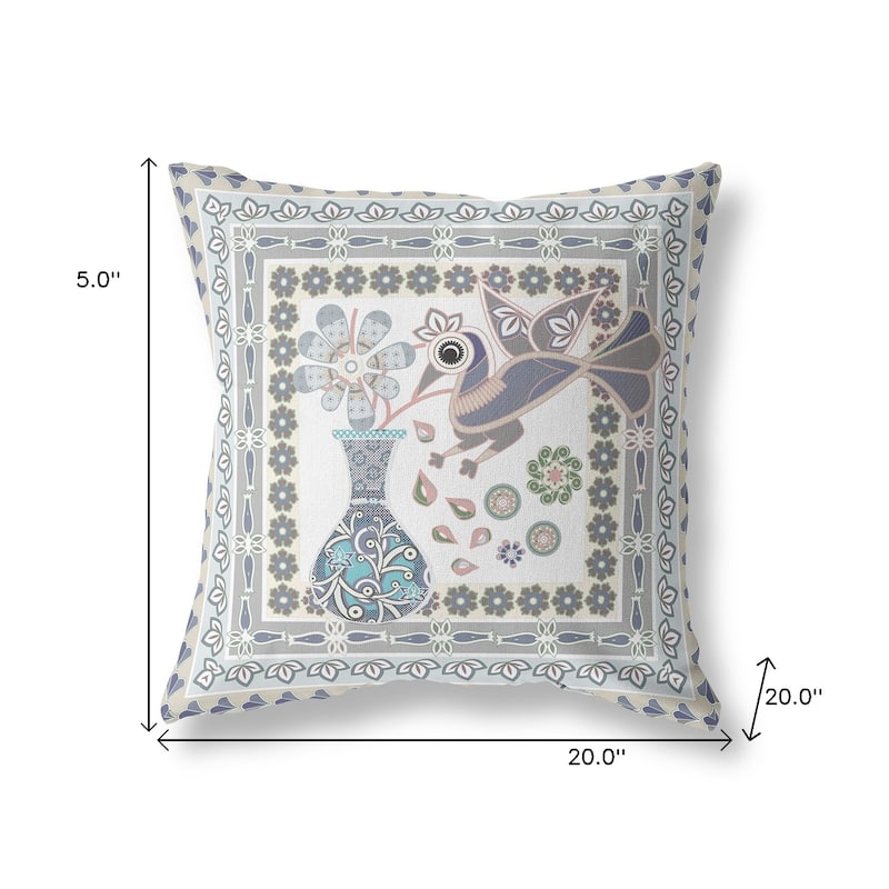 HomeRoots 20" x 20" Gray Peacock Blown Seam Floral Indoor Outdoor Throw Pillow - 20.00' X '5.00' X '20.00
