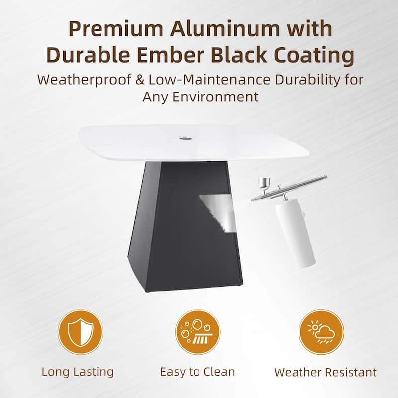 Modern 44" Square Pedestal Patio Table with Greek Marble Sintered Top and Ember Black Base, Seats 4