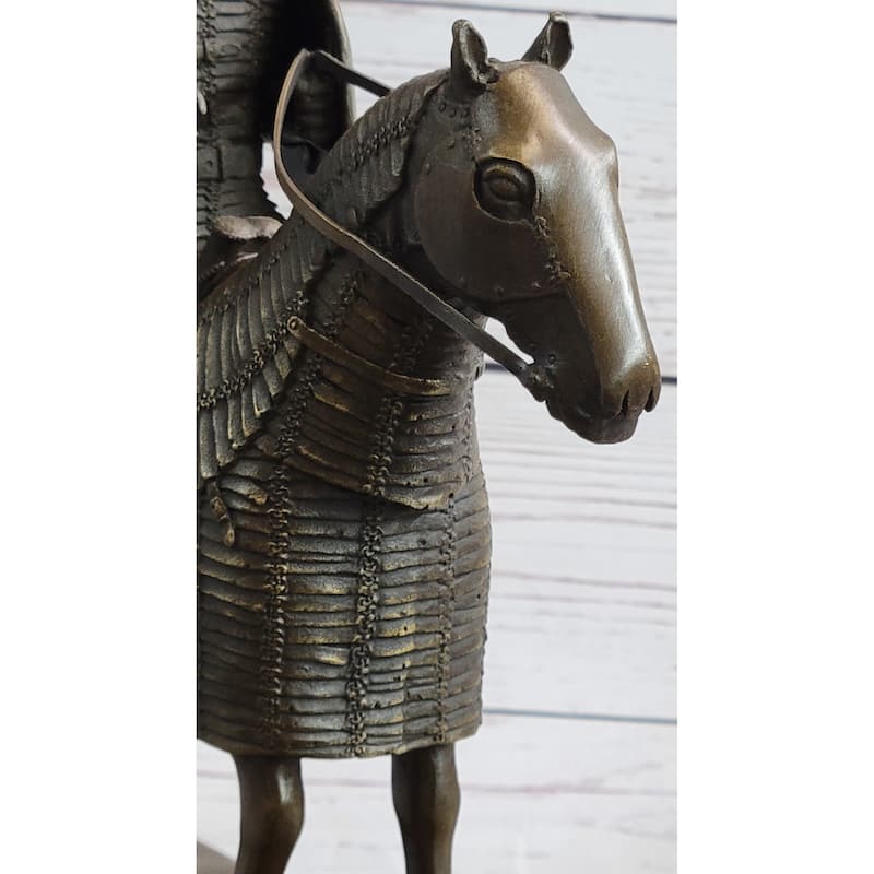 Medieval European Warrior Knight On Horseback Bronze Sculpture Statue On Marble Base