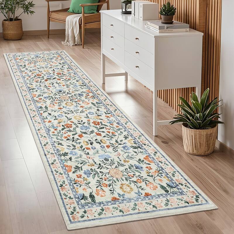 Living Room Rug Machine Washable Area Rug Non Slip Farmhouse Floral Rug Low Pile Soft Foldable Rugs - 2'x6' - Green