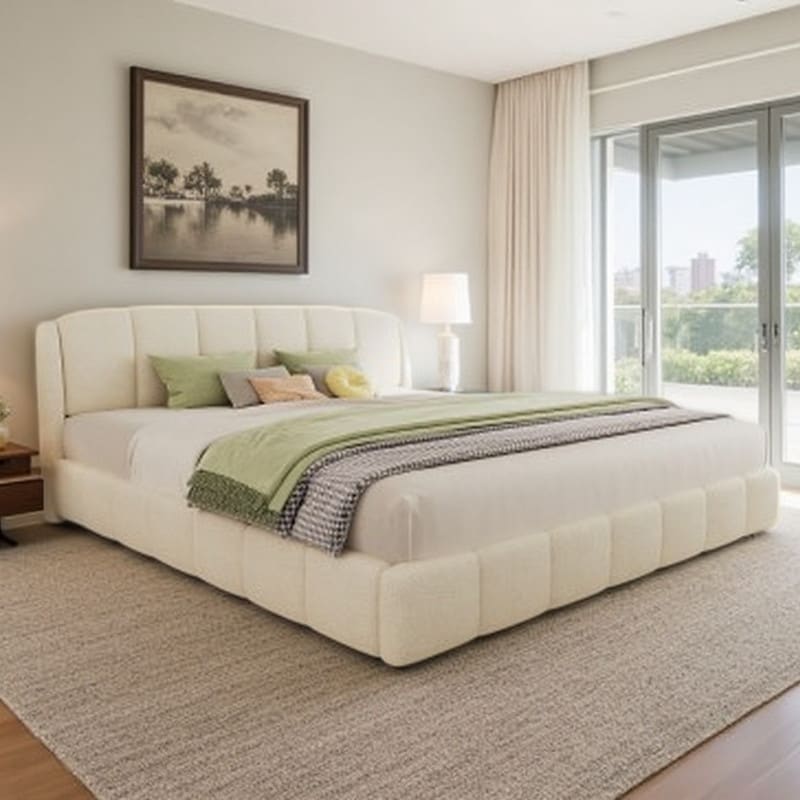 King Bouclé Upholstered Platform Bed with Curved Headboard, Soft Textured Fabric, Modern Minimalist Style