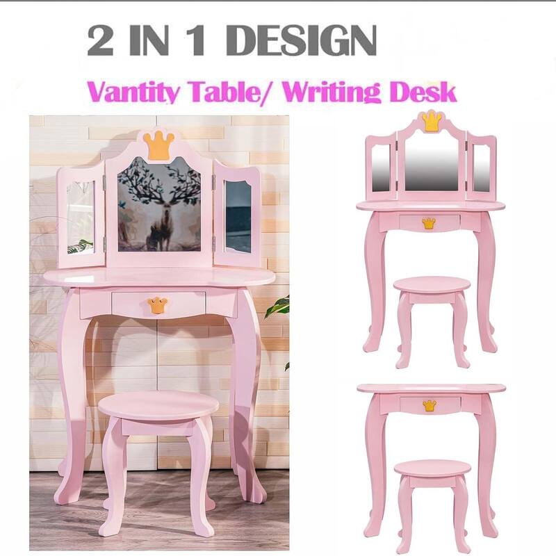 Kids Vanity Table with Tri-Folding Mirror & Drawer Makeup Desk