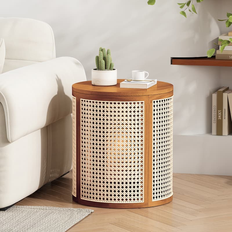 15.70" Round End Table, Hollow Woven Side Table, Small Rubber Wood Nightstand, Rattan Woven Tea Desk