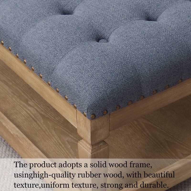 Button-Tufted Upholstered Coffee Table Ottoman with Wooden Shelf – Square Fabric Ottoman