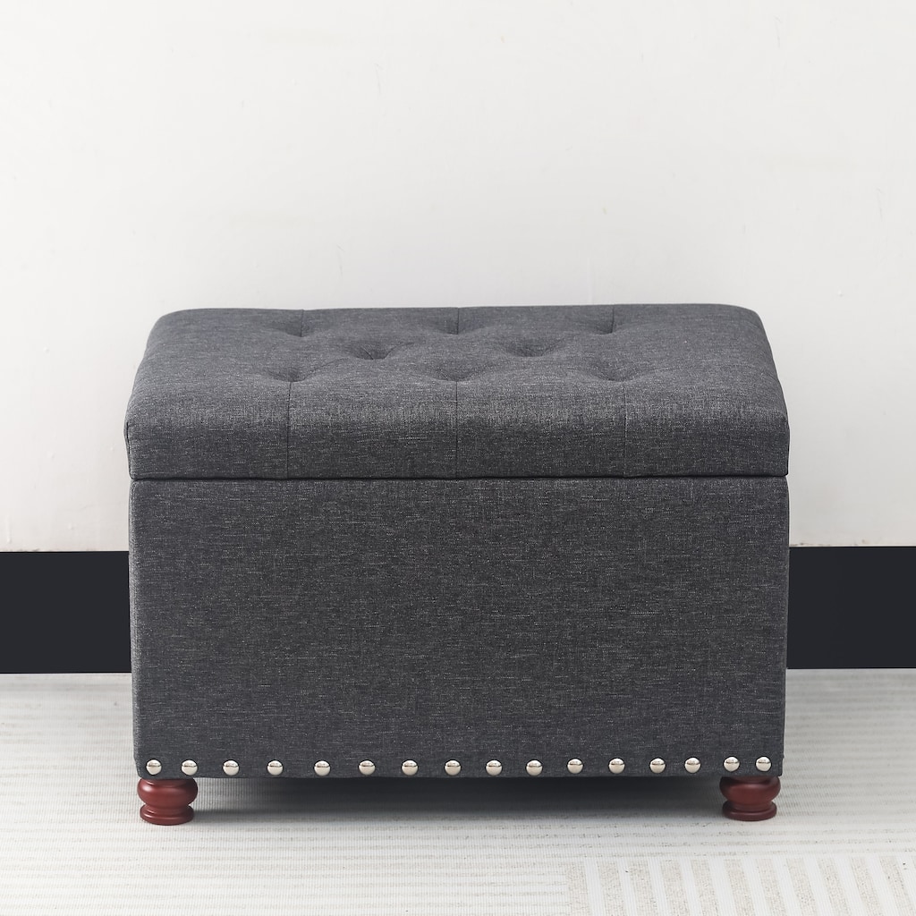 Adeco Storage Ottoman Tufted Linen Wood Bench with Nails