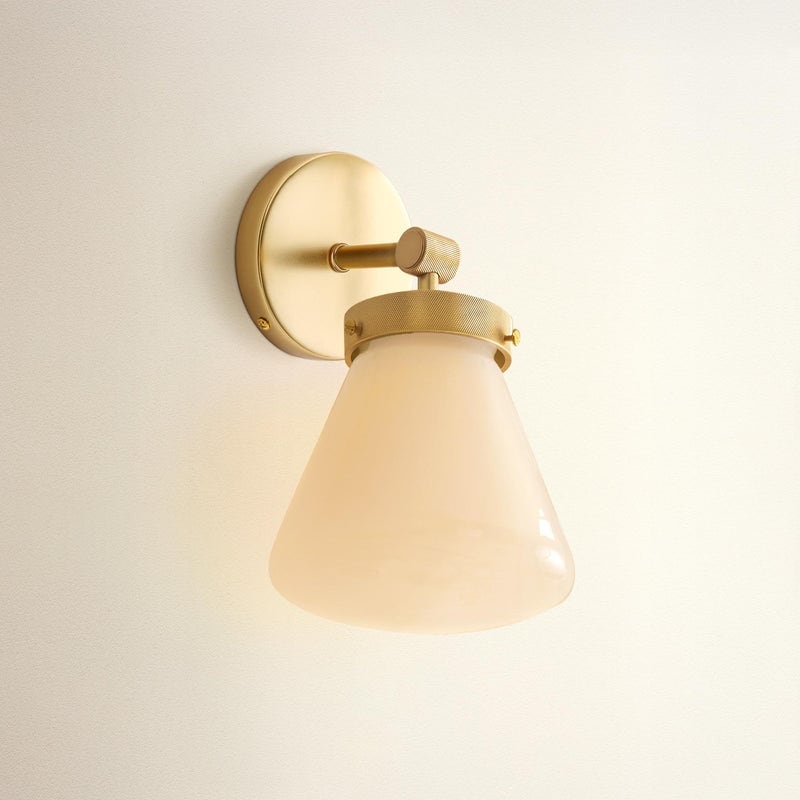 Modern Single-Arm Wall Sconce - Metal, Glass & Gold, Ivory White 1-Light Wall Sconce for Bathroom or Dining Room in Modern Style