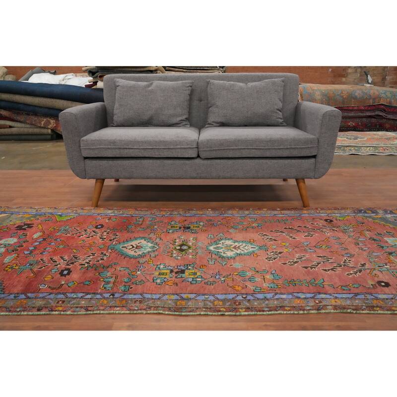 Hand Knotted Oriental 100% Wool Carpet Traditional Floral Coral Hamedan Runner Rug - 9' 10'' X 3' 6''