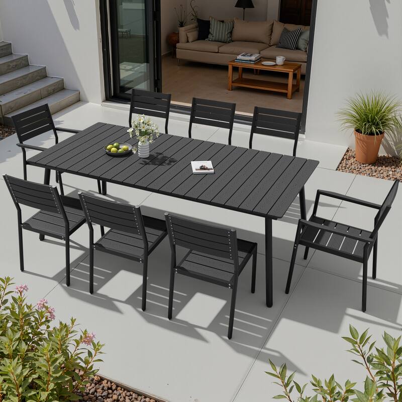 9-Piece Outdoor Patio Dining Set Wood-Like Table Top Alumium Umbrella Hole Table with Stackable Chairs - N/A - Black