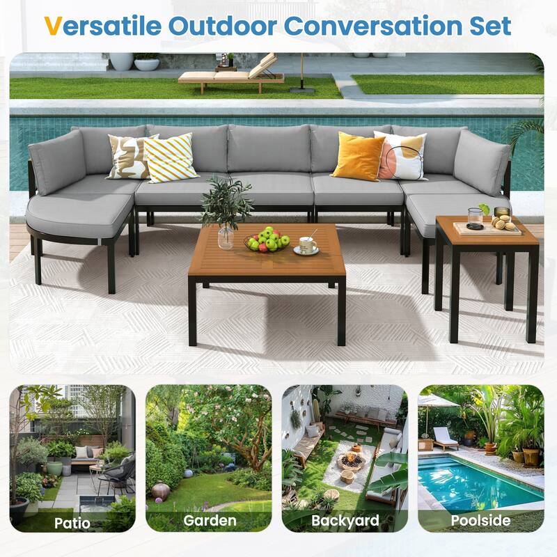 Modular Outdoor Sofa Set with Cushions, U-Shaped Patio Conversation Seating with Coffee & Side Tables