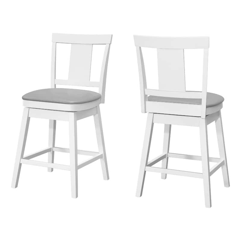Set of 2 Contemporary White Wood Swivel Bar Chairs with Grey Faux Leather Full Back Bucket Seats - 39.25”H x 19.75”W x 20.25”D