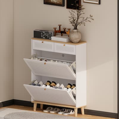 Shoe Storage Cabinet With 2 Flip Drawers, Narrow Hidden Shoe Rack Cabinet, Freestanding Shoe Organizer For Hallway