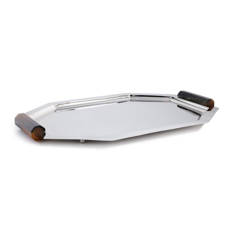 Polished Octagon Metal Serving Trays with Horn Handles - Nickel - Large