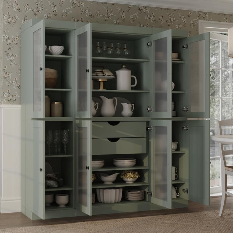 Palace Imports 100% Solid Wood 65" Pantry Cabinet with Frosted Glass, Shaker Doors, 2-Drawers and Adjustable Shelves