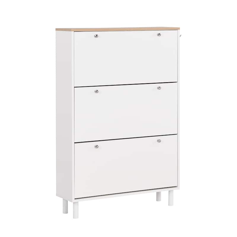 Narrow Shoe Storage Cabinet with 3 Flip Drawers, 3 Hooks 24 Pair Wood Shoe Shelves, Round Leg Shoe Cabinet for Entryway