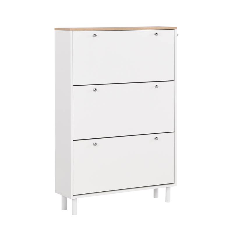 Sleek Narrow Shoe Cabinet with Adjustable Shelves & 3 Flip Drawers, Wood Grain Finish for Entryway Storage
