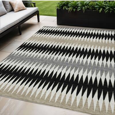 Black Gray And Beige Striped Washable Indoor Outdoor Area Rug - 5' X 8'