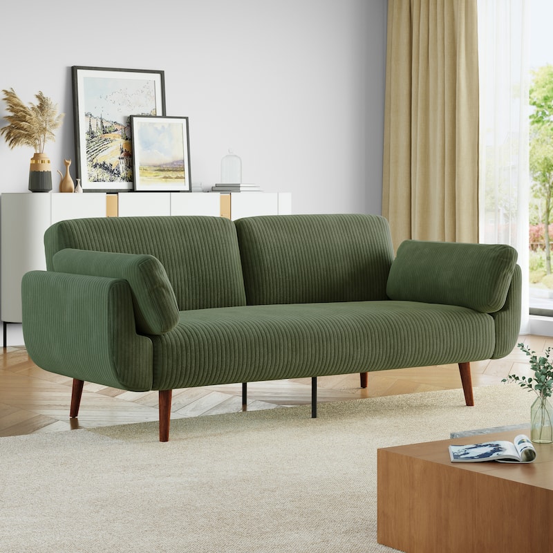 73.3" W Flared Arm Convertible Sleeper Sofa Modern Corduroy Loveseat - GREEN