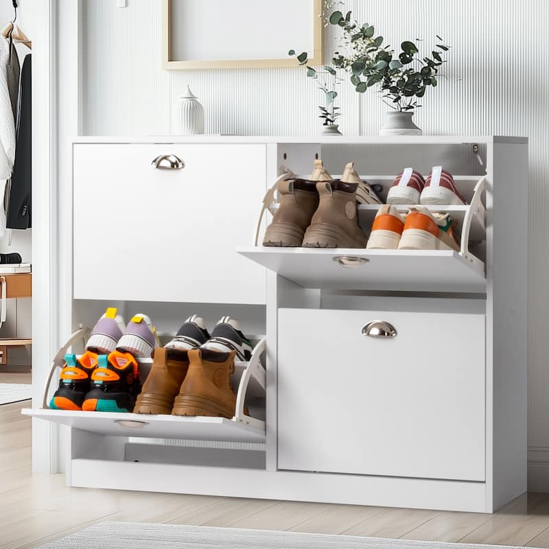 White Shoe Cabinet with 8 Large Drawers and Adjustable Storage Rack for Entryway and Hallway - 40.16”W x 9.84”D x 30.91”H