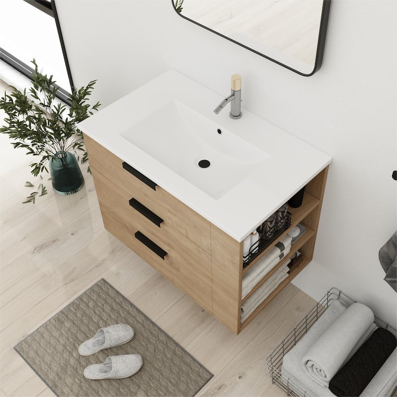 Bathroom Vanity With Sink In 30/36 Inch, Floating Bathroom Vanity With Soft Close Drawers and adjustable shelves