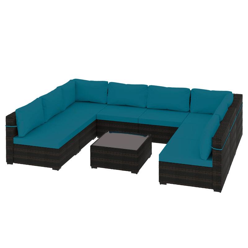Patio Watcher Outdoor 8 Seater Rattan Sectional Set with Cusions and Coffe Table