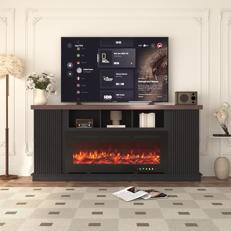 Erommy 70" TV Stand with Electric Fireplace Heater, Media Entertainment Center Console for TVs up to 80" with Storage Cabinet