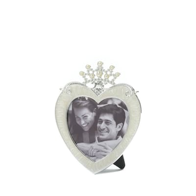 7" Silver and White Contemporary Crown Heart Photo Frame