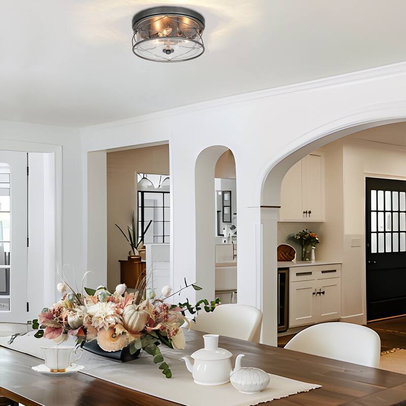 Modern 3-Light Gunmetal Silver Drum Flush Mount Light Seeded Glass Ceiling Lights for Foyer - D 13.5" x H 6"