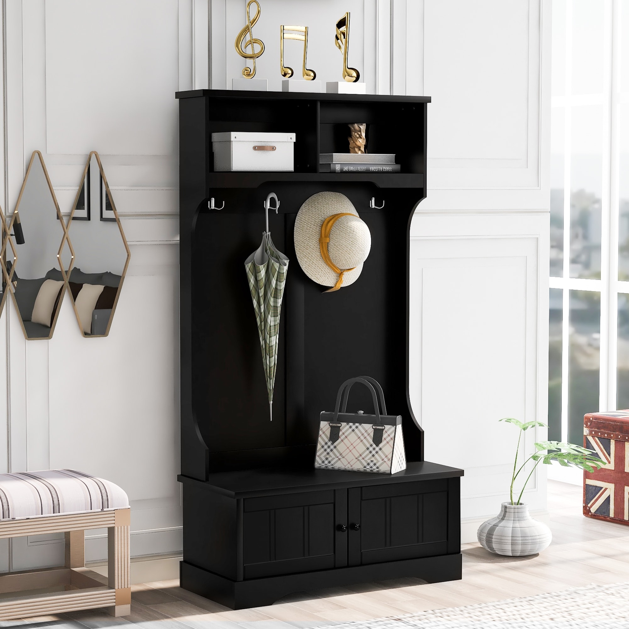 Hall Tree Entryway Bench with Shelves Cabinet and Four Hooks 3 in