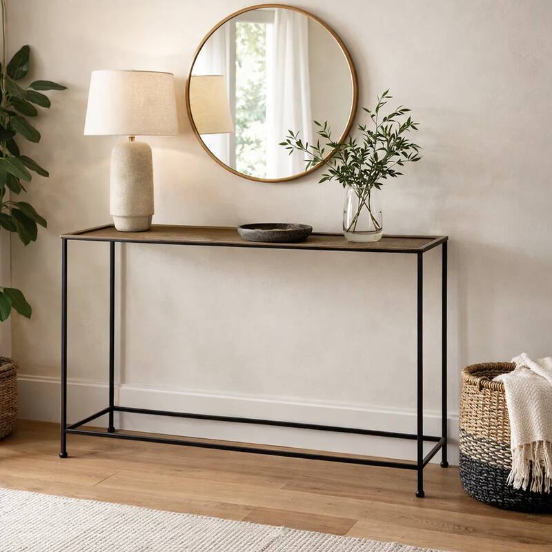 Aurelia 48 Inch Console Sofa Table, Artisanal Hammered Antique Bronze Tray Top, Industrial Black Iron Frame