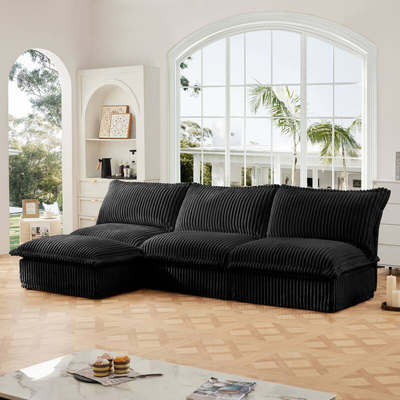 Corduroy 3-Seater Armless Sectional Sofa with Reversible Ottoman