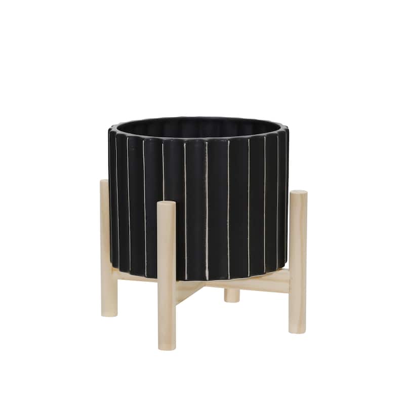 Sagebrook Home Black and Striped Planter with Wooden Base - 8.0" x 8.0" x 9.0" - Black