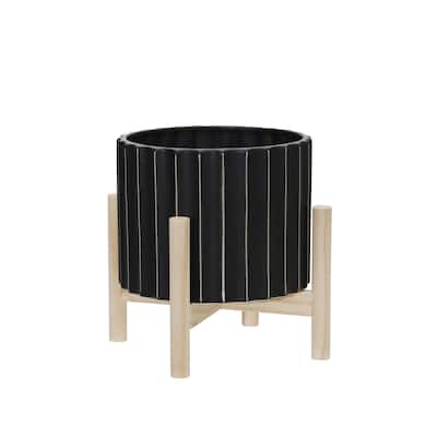 Black Handmade Ceramic Fluted Planters with Pine Wood Stand - 8.0" x 8.0" x 9.0"