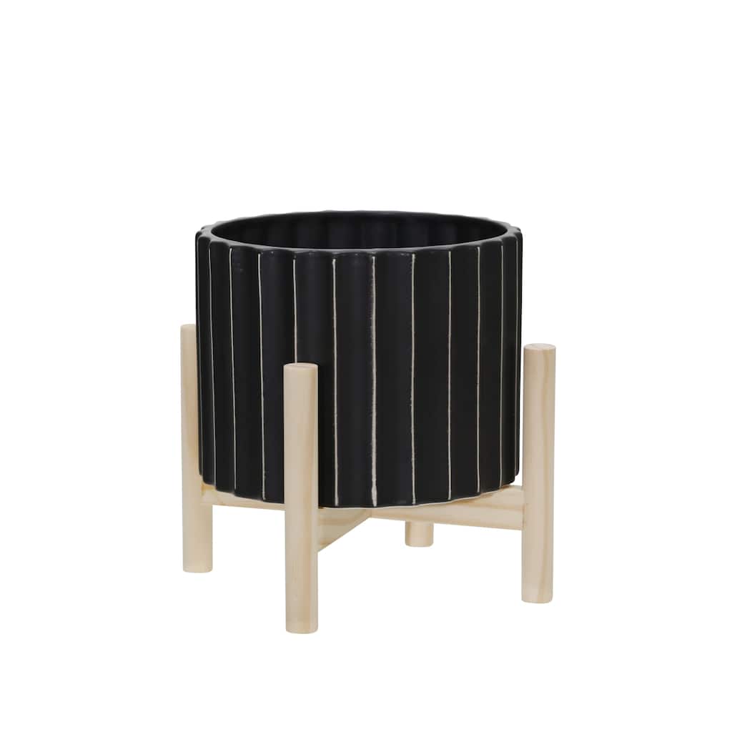 Sagebrook Home Black and Striped Planter with Wooden Base