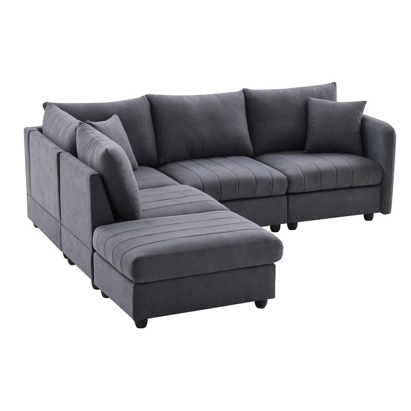 Modular L-Shaped Sectional Sofa with Movable Ottoman, 5 Seat Corner Couch with Throw Pillows, Comfy Cloud Upholstered Sofa