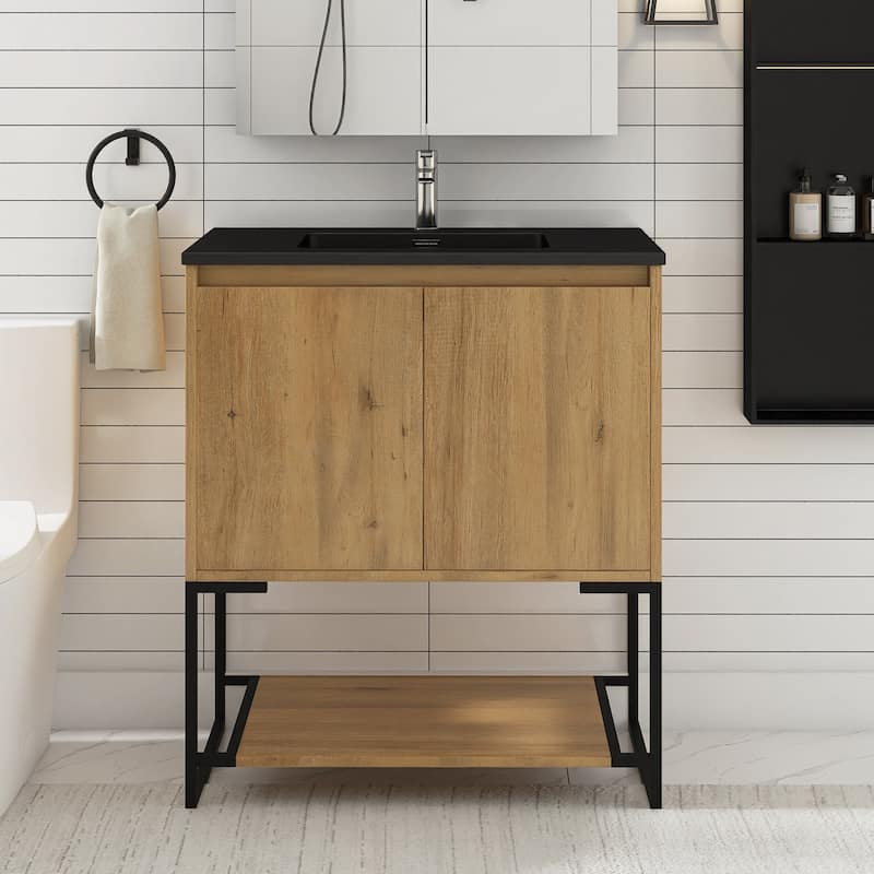 Freestanding Bathroom Vanity Set in Oak with Integrated Solid Surface Sink - 30" x 19" - Oak with Black Top