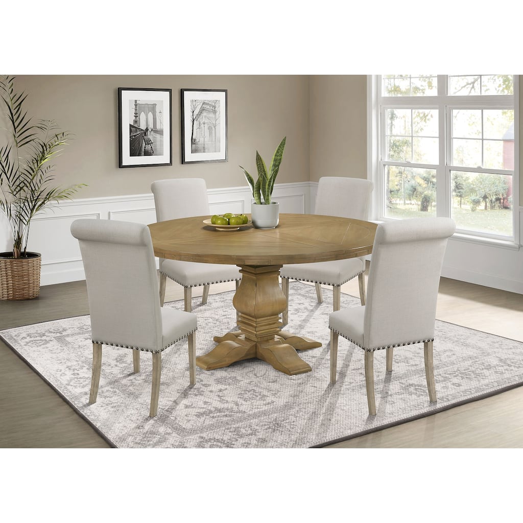 Florence Round Dining Table Set with Solid Back Side Chairs Rustic Honey