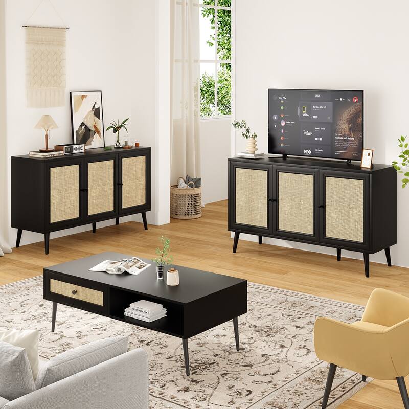 Anmytek Black 3-Door Rattan Buffet Sideboard Wooden Storage Cabinet for Living Dining Room