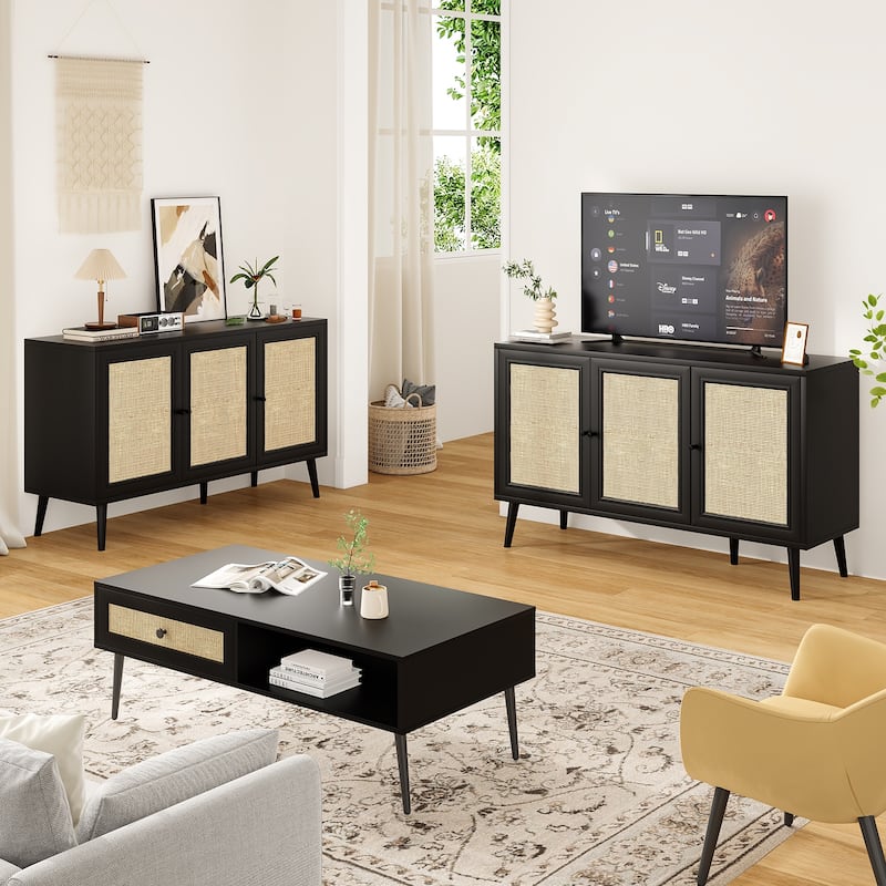 Sideboard Buffet Cabinet with 3 Rattan Doors,Modern Kitchen Storage Console Cabinet for Entryway Living Room (Small)