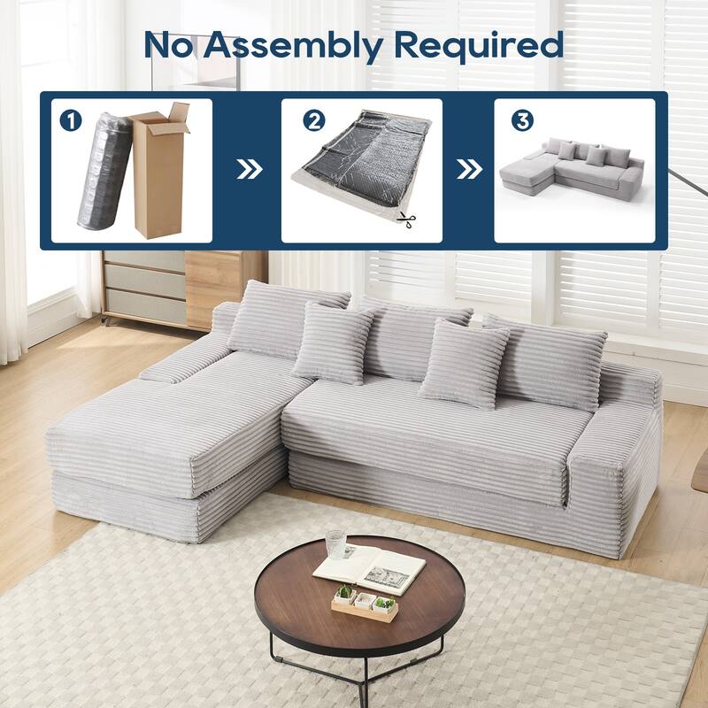 Light Corduroy L-Shaped Sectional with Memory Foam, Sofa Bed