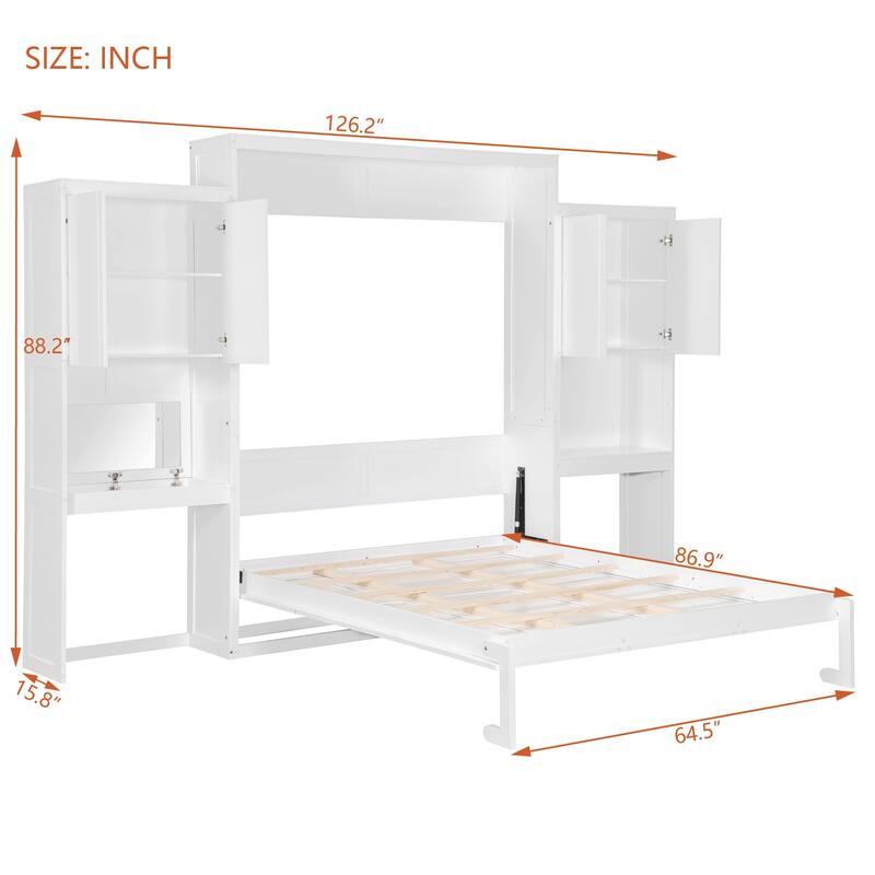 Queen Murphy Bed with Fold-Out Desk, Flip-Up Vanity Mirror, and Storage Cabinets, Space-Saving Design