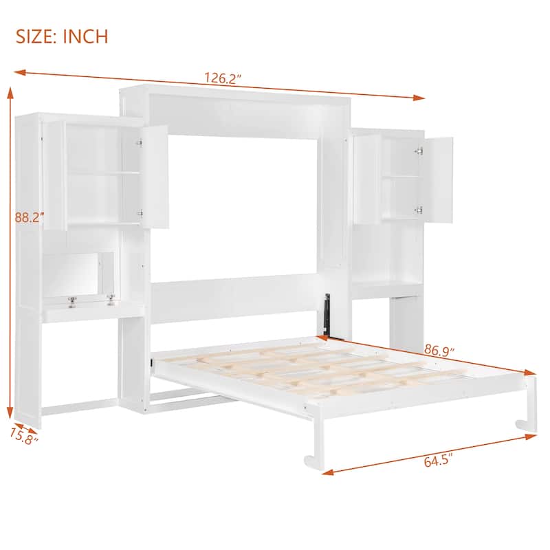 Queen Size Murphy Bed with Desk, Vanity and Cabinets