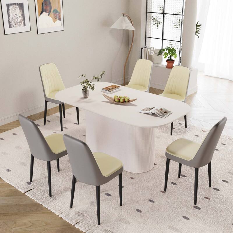63" medieval modern cream style MDF dining table and PU dining chair set 6, Assemble Desktop and metal leg dining chair set