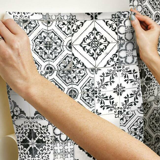 RoomMates Mediterranean Tile Peel and Stick Wallpaper Black Bed Bath