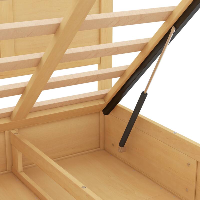 Queen Size Wood Platform Bed, Lift Up Storage Bed Frame with Underneath Storage and 2 Drawers for Bedroom, Natural