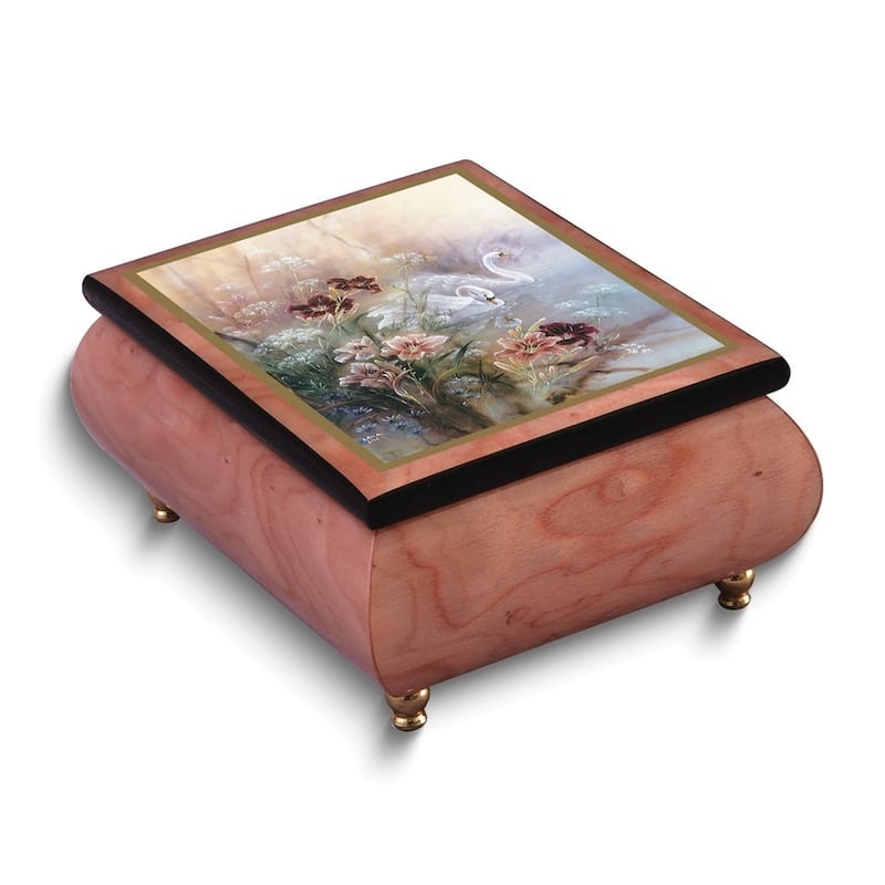 Curata Artist Lena Liu - Handcrafted Gloss Finish Swan Daylilies (Plays Swan Lake) Wooden Music Box Velvet Lining