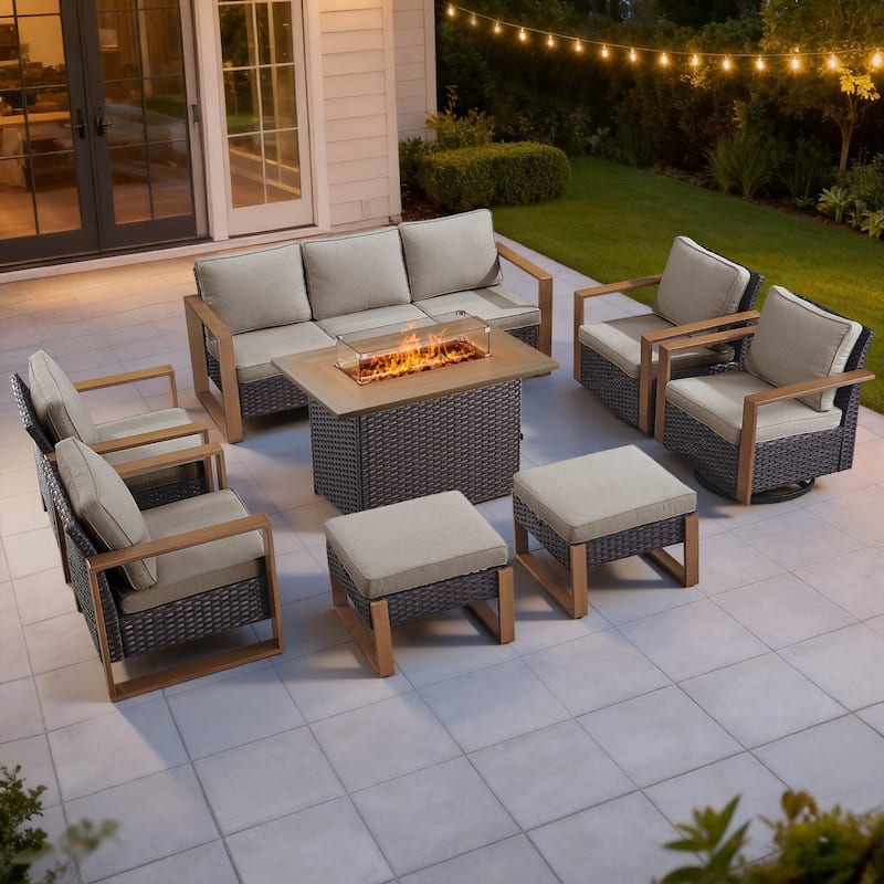 Meyreso Wicker Outdoor Patio Fire Pit Set with Swivel Gliders and Olefin Cushions - Brown / Beige Cushions - 8-Piece