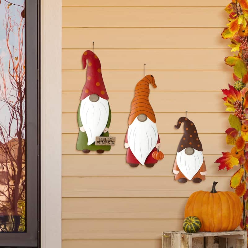 Glitzhome Set of 3 Fall Metal Gnome Family Yard Stake Standing Sign Hanging Decor for Thanksgiving