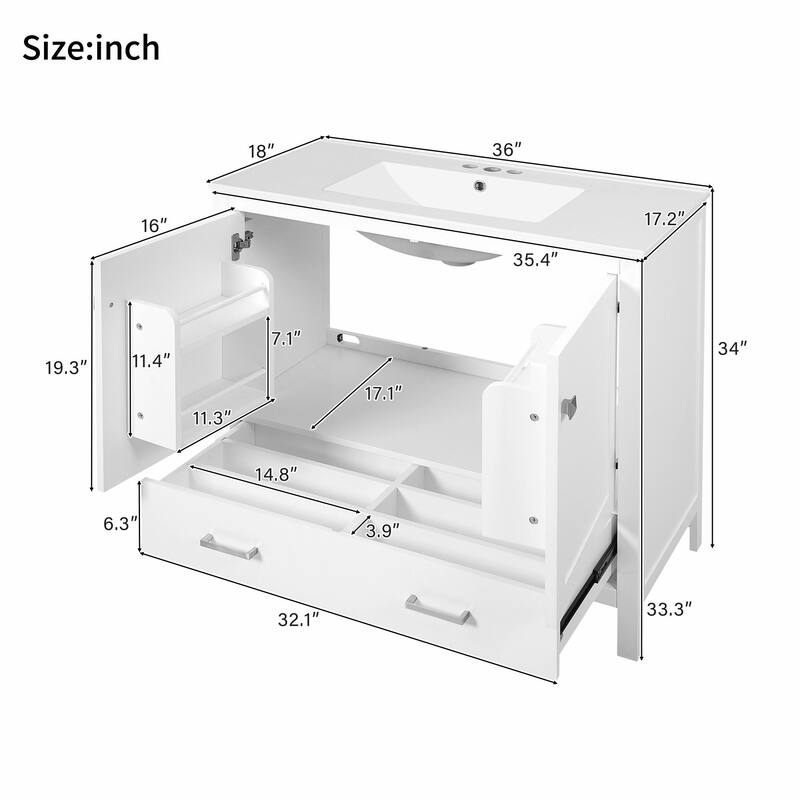 36"/30" Bathroom Vanity with Ceramic Sink, Soft-Close Doors, Double Storage Shelves & Divided Drawer